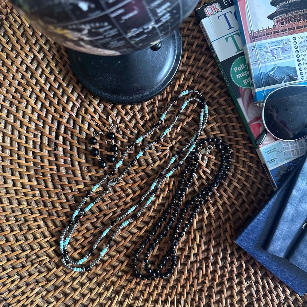 Genuine Stone Boho Artisan Beaded 2 Necklaces and Pair of Earrings